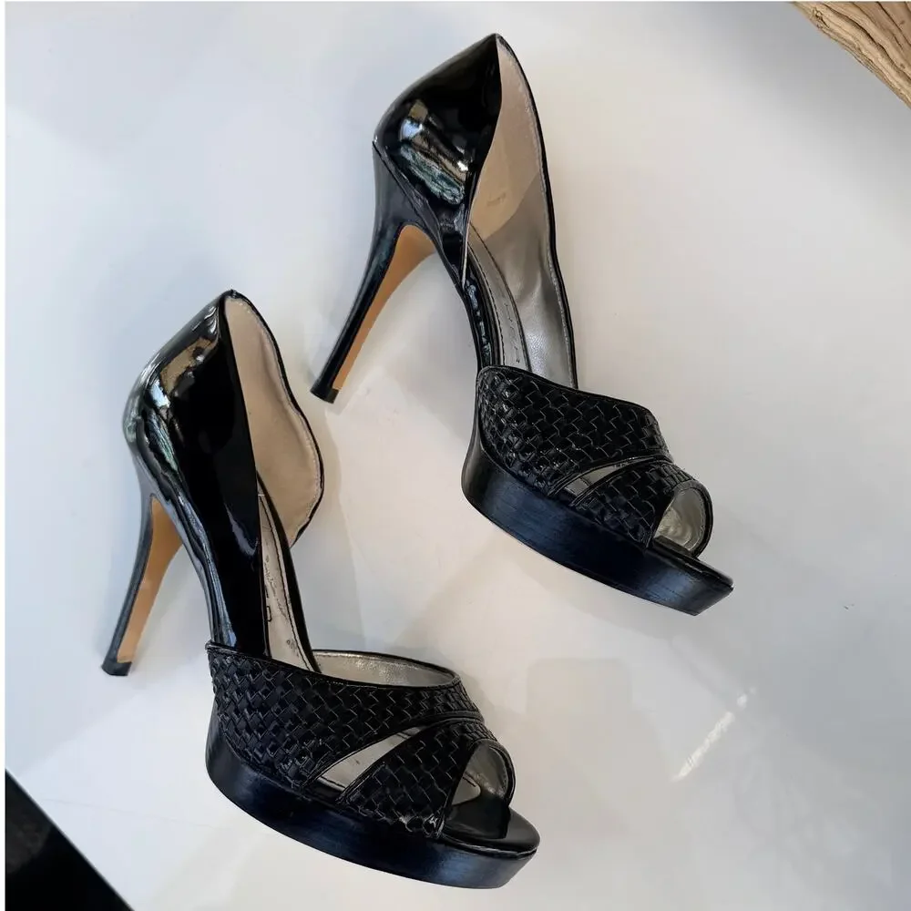 Marc Fisher Black Patent Leather Woven Platform Peep Toe Stiletto Heels Size 6